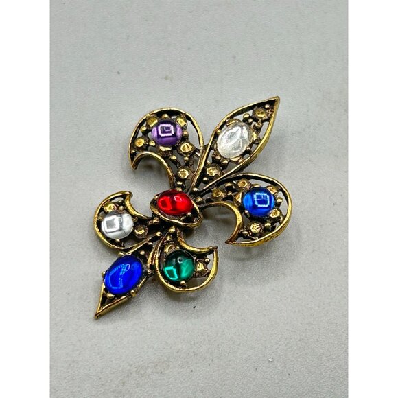 Vintage Jeweled Fleur De Lis Pin Brooch Gold Tone Red Blue Green Purple Cabochon - Picture 2 of 5